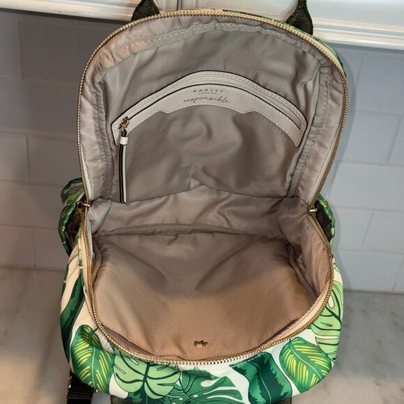 Radley London Maple Cross Palm Print Medium Zip Top Backpack Green White Gold
